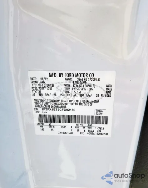 2012 Ford F150 Super Cab z USA, uszkodzony, nr VIN 1FTFX1ET2CFD02180